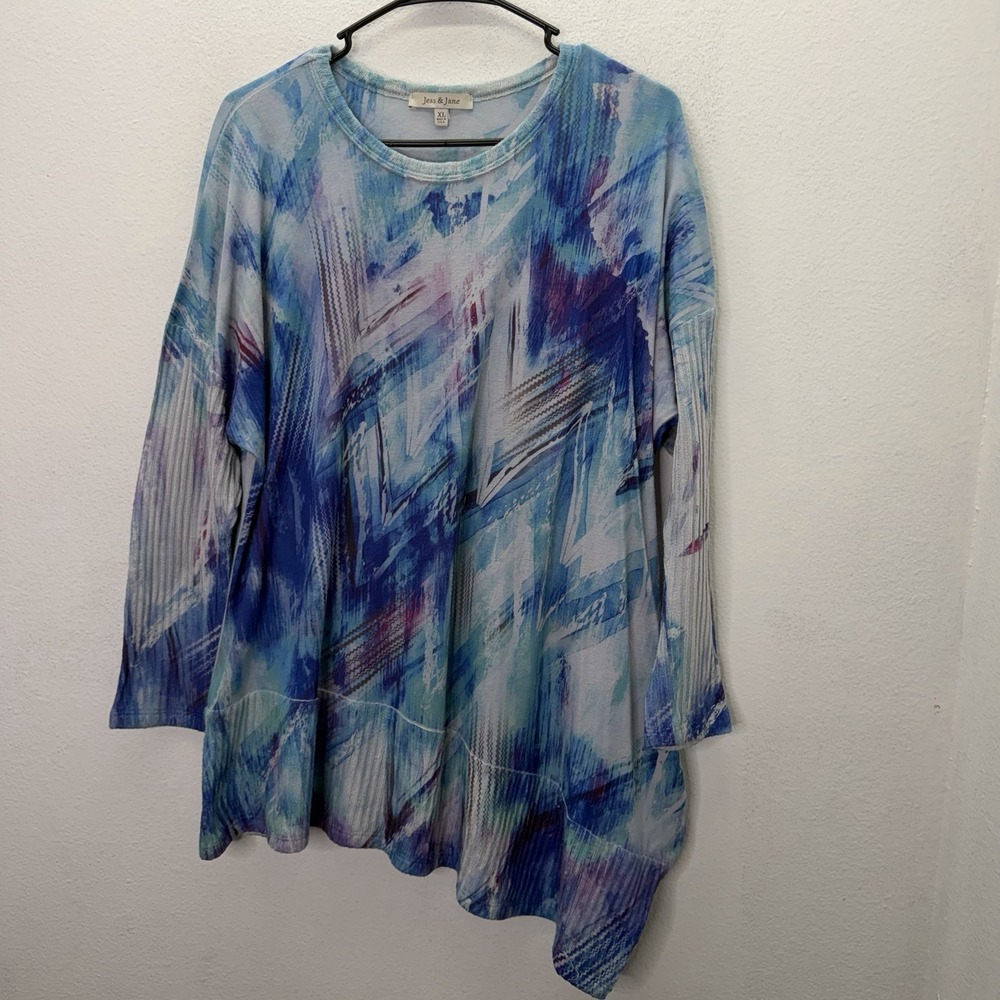 Jess & Jane Colorful Watercolor Tunic Top LongLine Artsy Tunic Sz XL Asymmetric